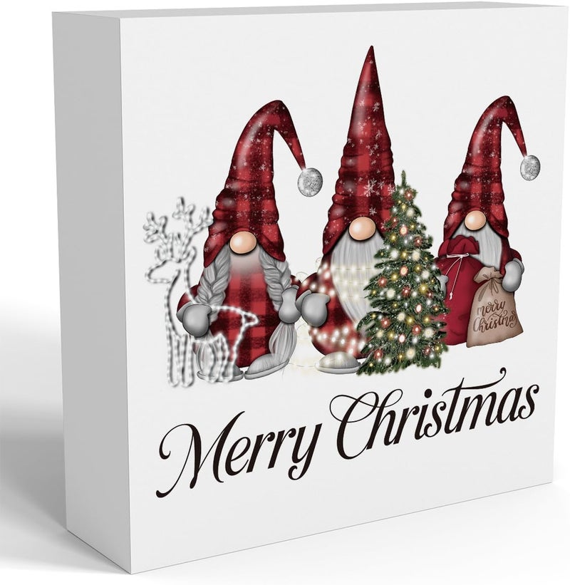 FXEFXE Christmas Decorations, Christmas Gnomes Decorations Indoor, Red Glitter Xmas Tree Sign Gift for Women Friends, Rustic Wooden Box Sign for Home Shelf Office Bedroom Desk Decor 5x5 Inches - Image 1